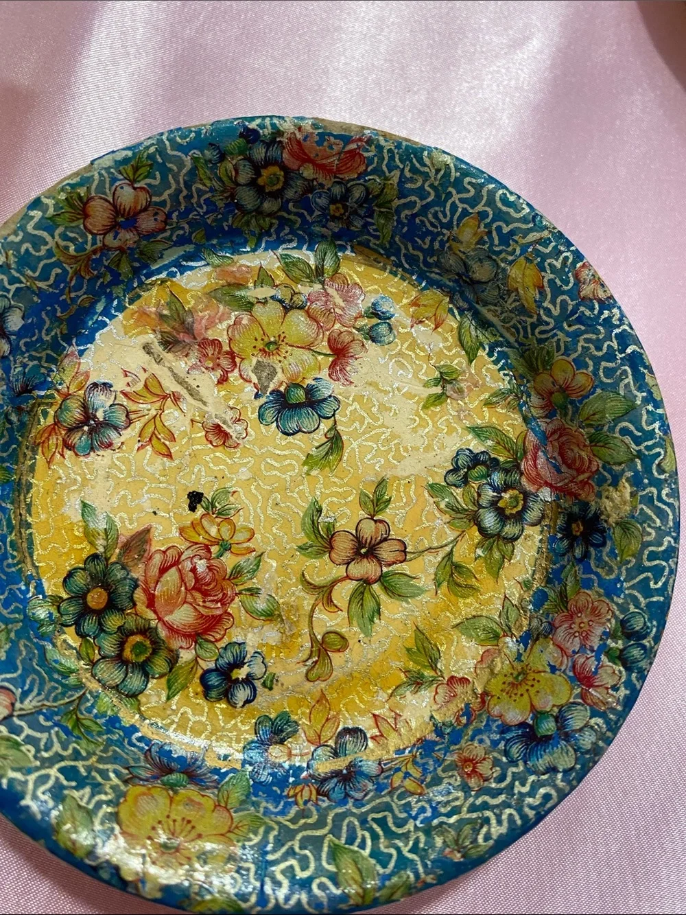 Hand-Painted Floral Round Box with Matching Coasters - Yellow Multicolor
